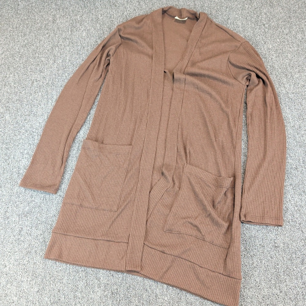 Goldspark‎ Womens Cardigan Sweater M Brown Ribbed Knit Open Front Long Pockets